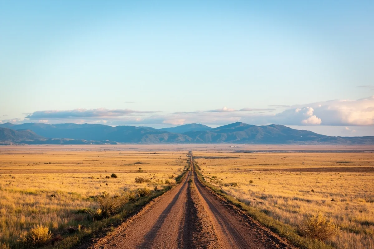 Vast empty Montana prairie landscape with distant mountains and single dirt road stretching to horizon