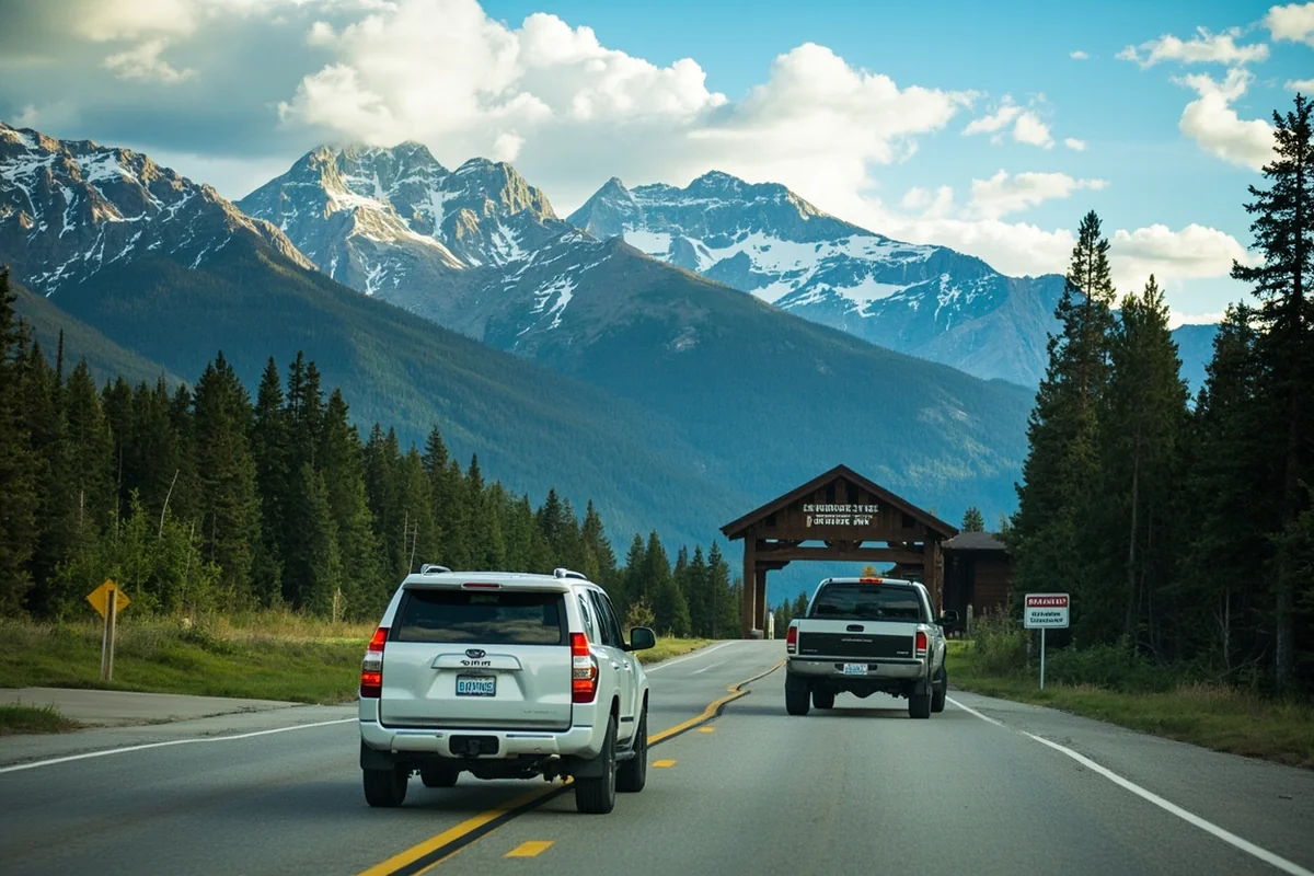 Vehicle approaching Glacier National Park entrance station with mountains in background