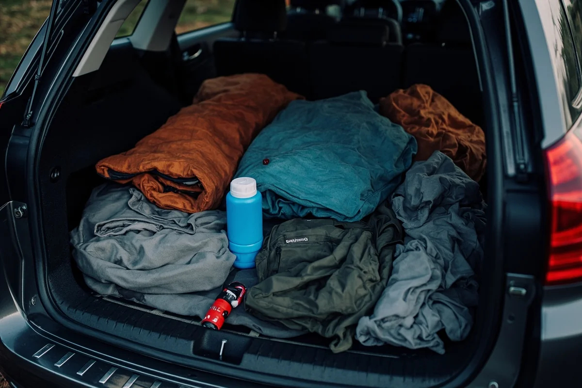 Vehicle emergency kit spread out in car trunk showing blankets, water, flashlight, and winter gear