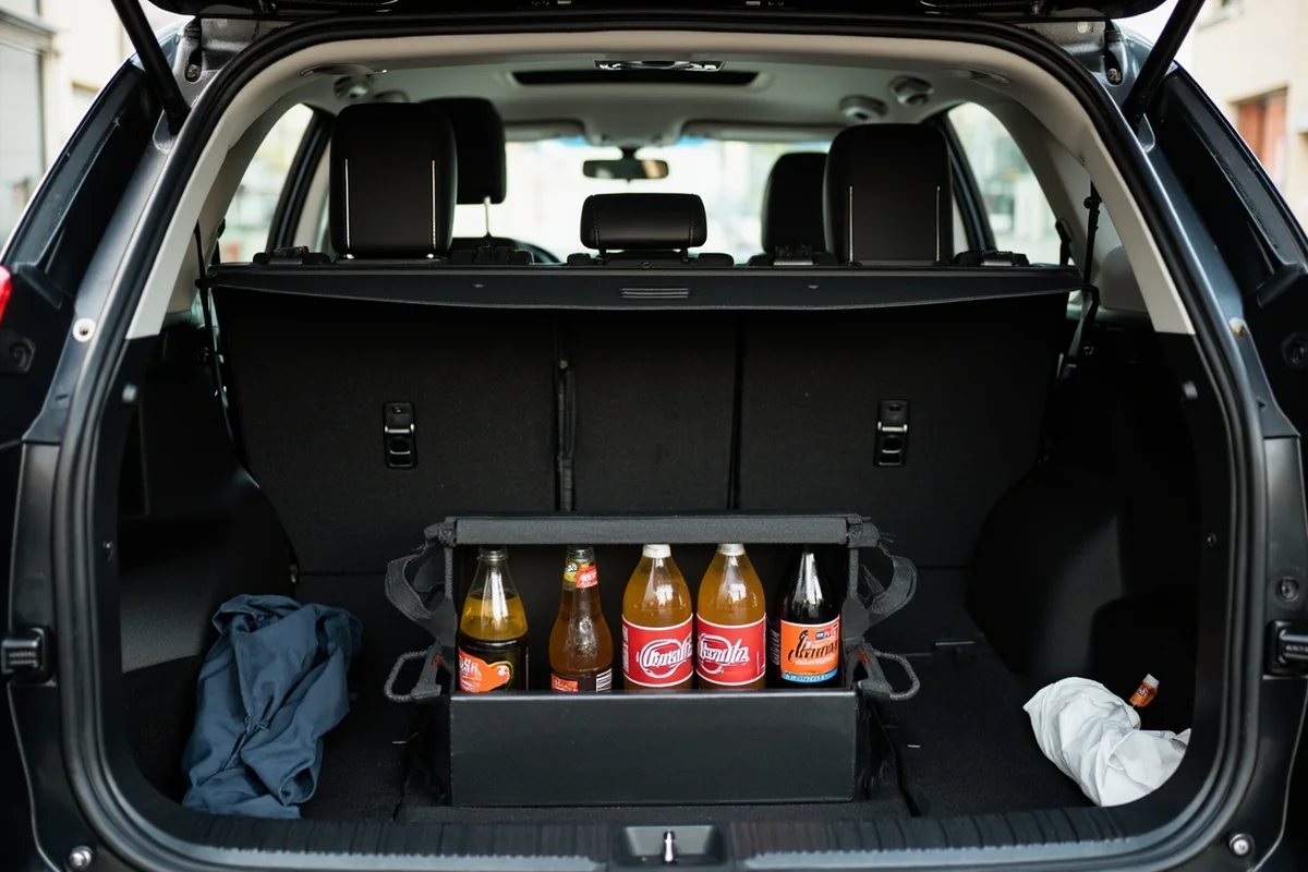 Vehicle interior showing proper storage of beverages in trunk area versus passenger compartment