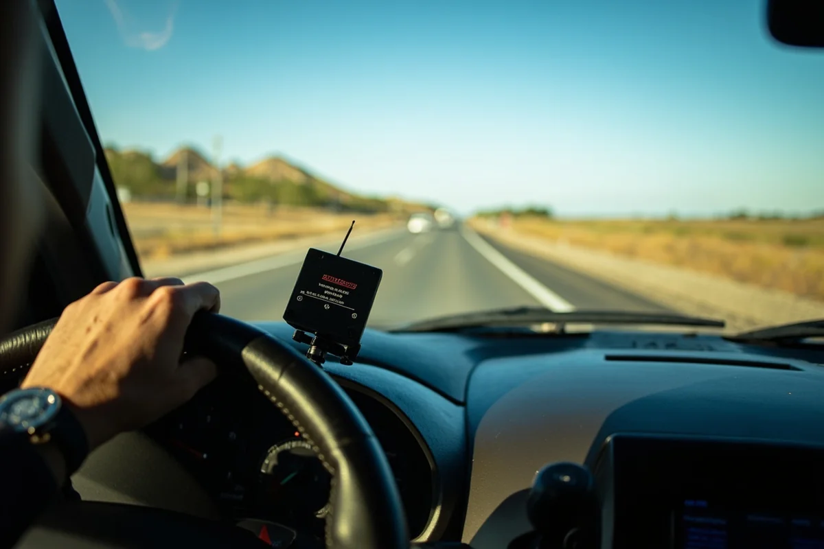 Vehicle signal booster installed in truck dashboard with Montana highway visible through windshield