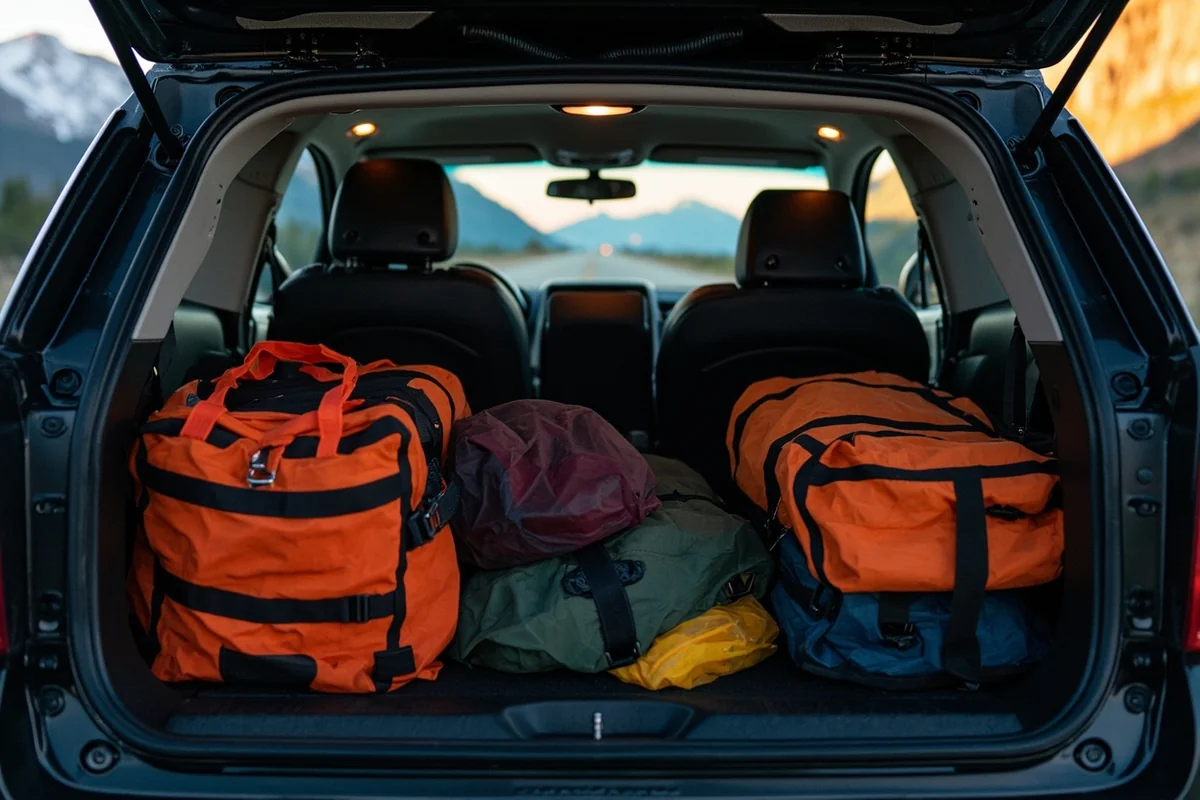 Vehicle trunk organized with emergency gear, Montana mountain highway visible through rear window