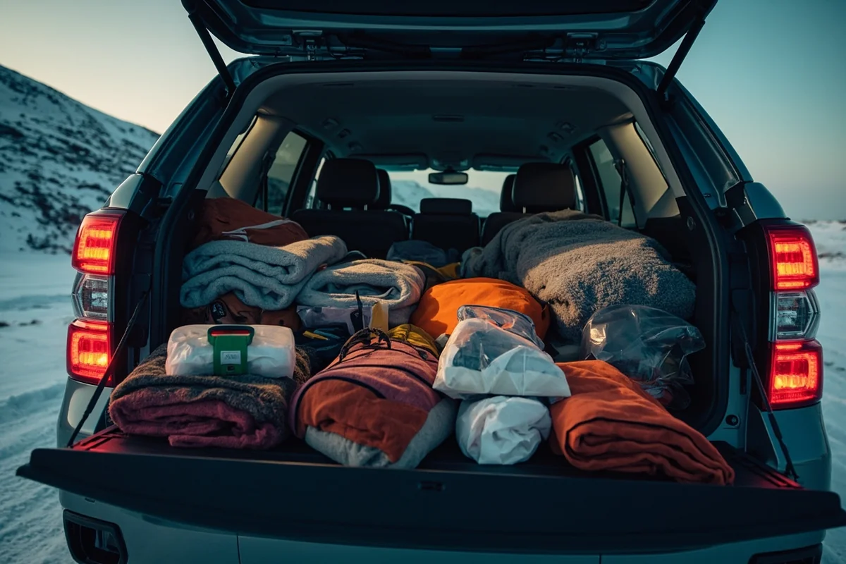 Vehicle with emergency kit contents spread on tailgate including blankets, flashlight, and supplies with snowy landscape in background
