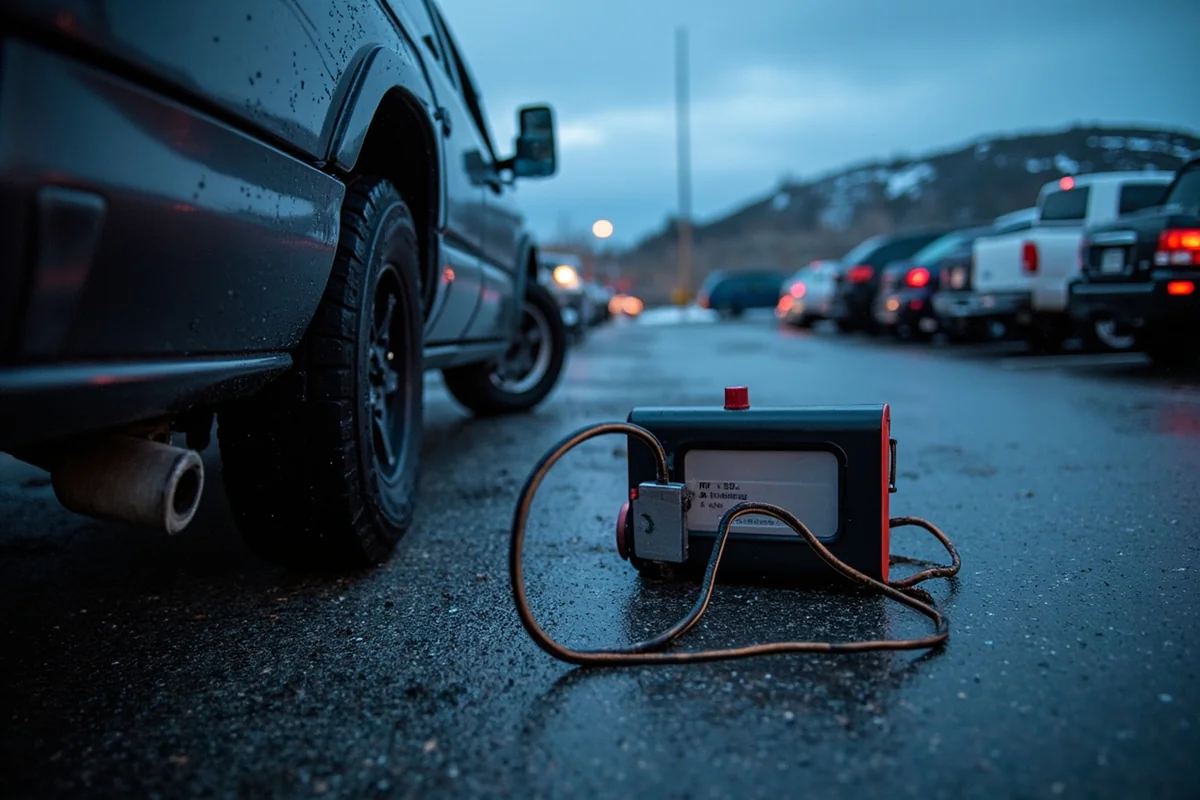 Vehicle with engine block heater plugged in at a Montana parking lot during winter