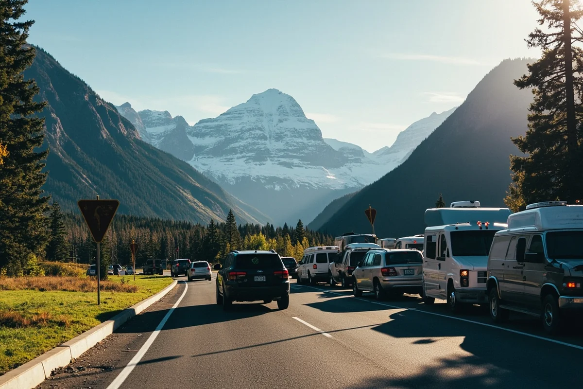 Vehicles lined up at Glacier National Park entrance station during peak season