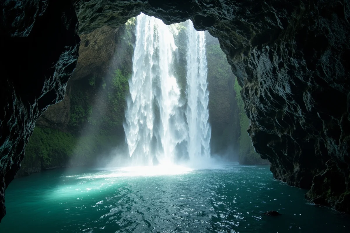 View from behind Grotto Falls looking out through the water curtain