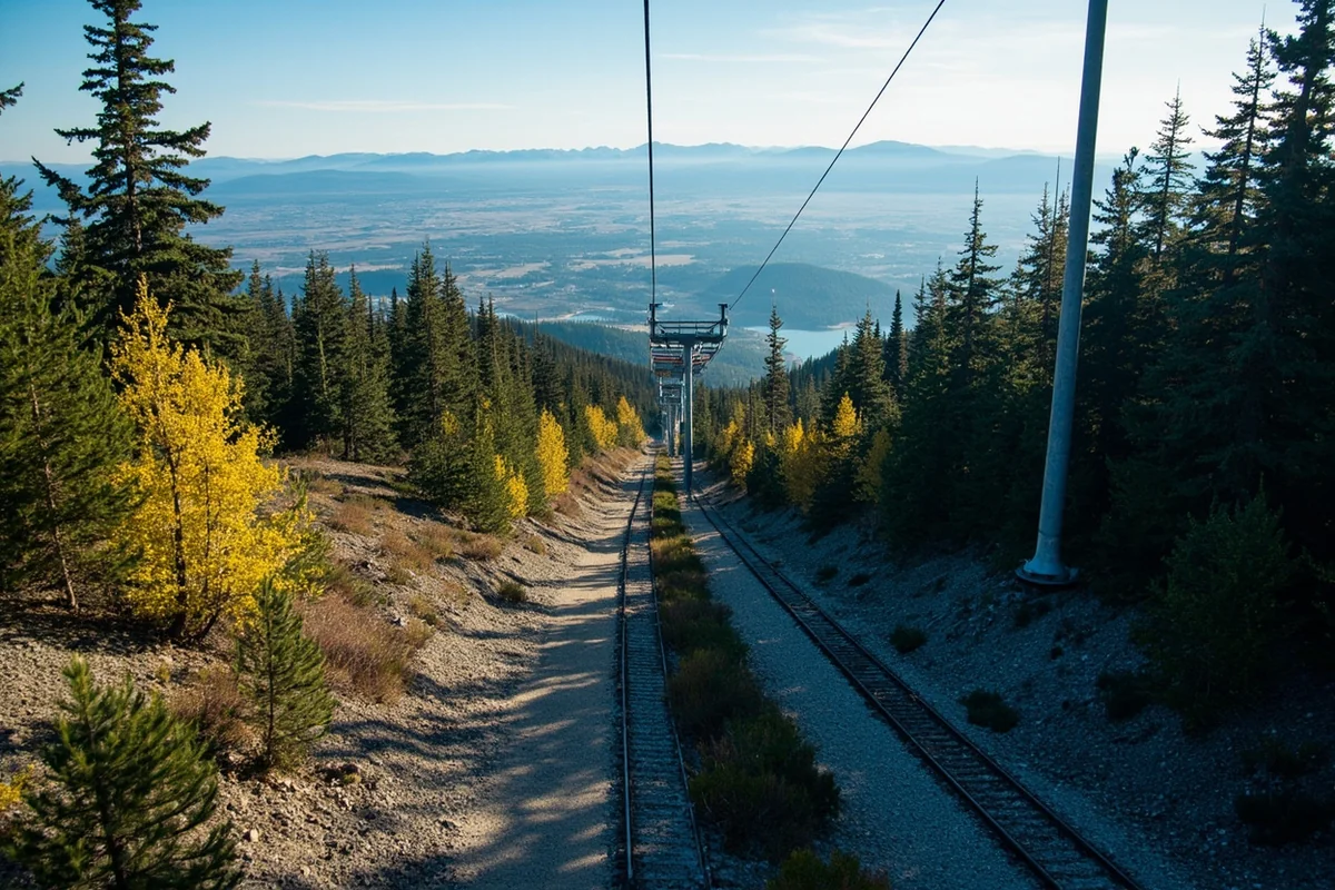 View from the lift ride showing the track below and Flathead Valley in the distance