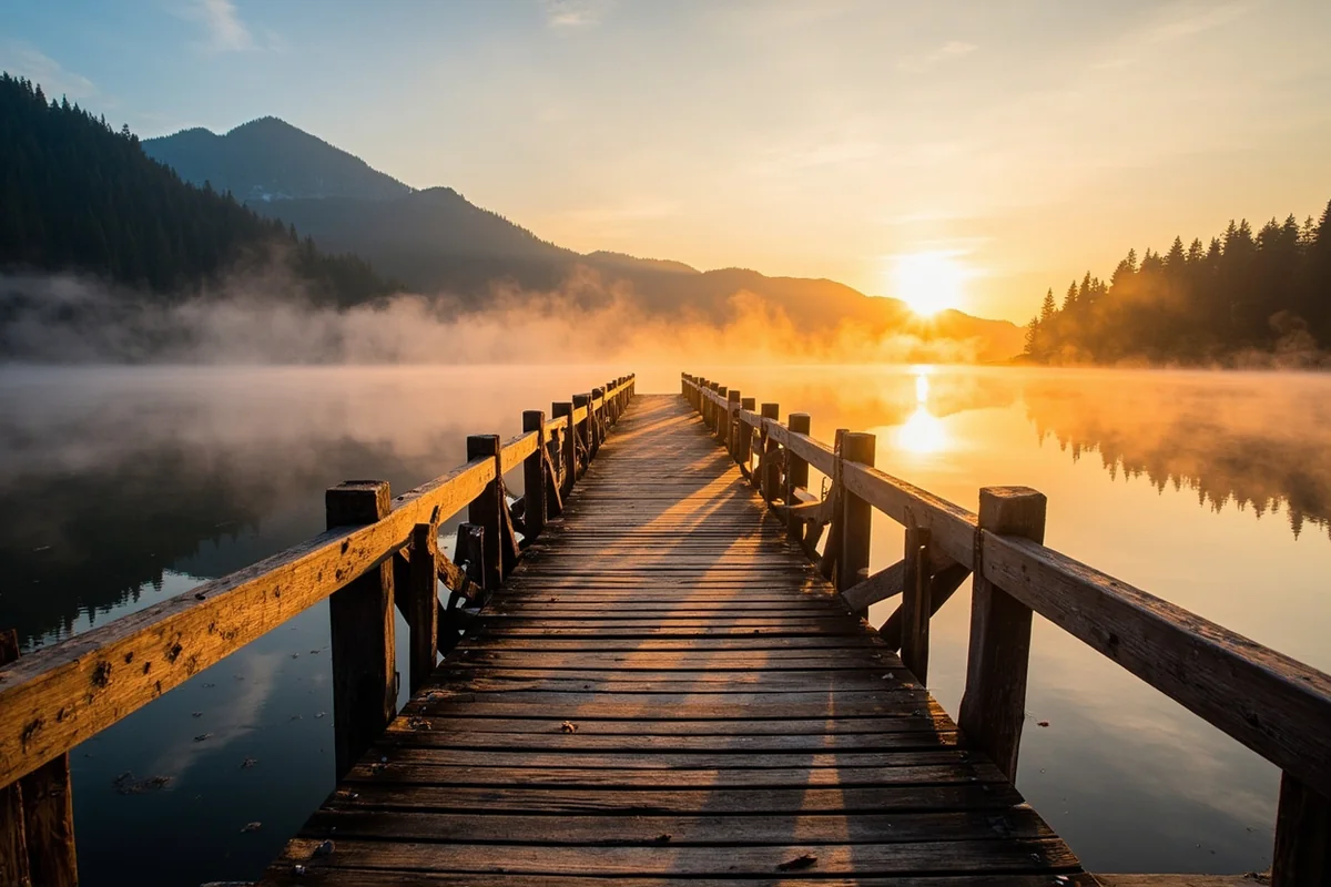 View from the Lodge at Whitefish Lake dock at sunrise with mist over the water and forested hills