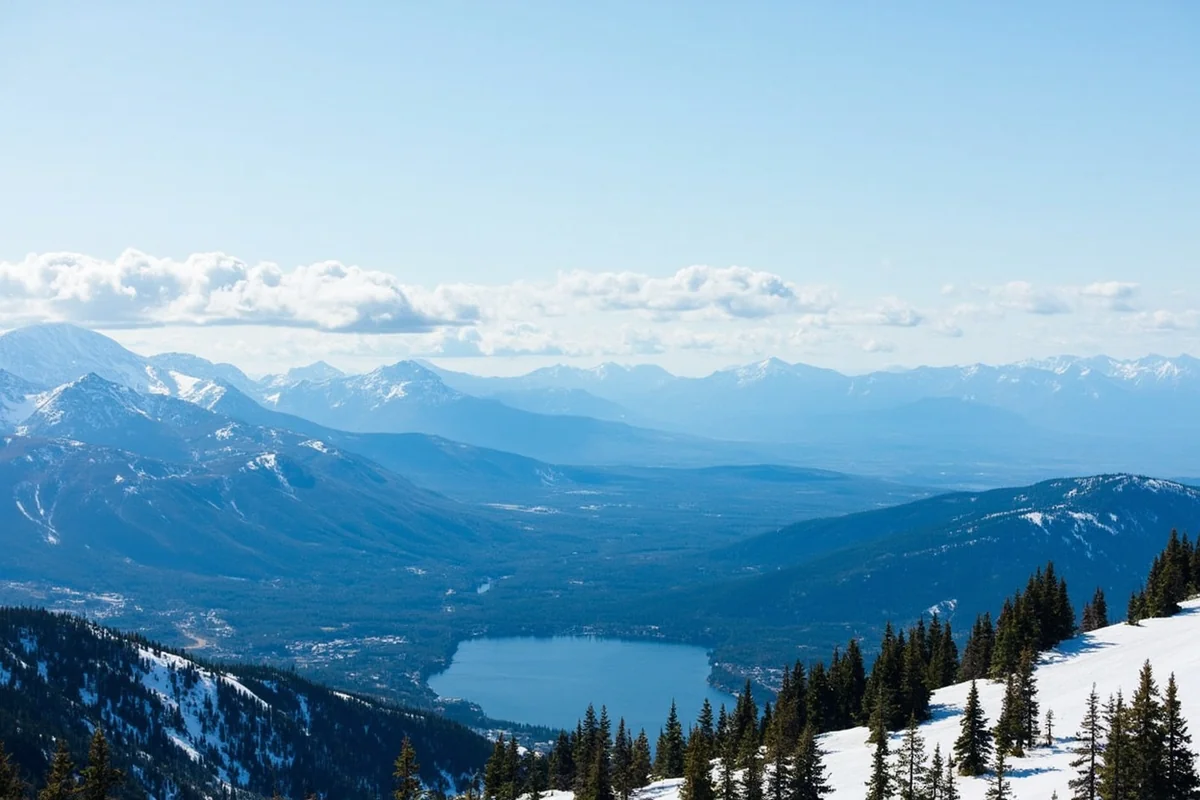 View from Whitefish Mountain Resort summit showing distant Glacier National Park peaks