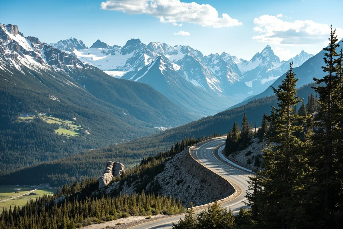 View of Beartooth Highway winding through alpine landscape with snow-capped peaks