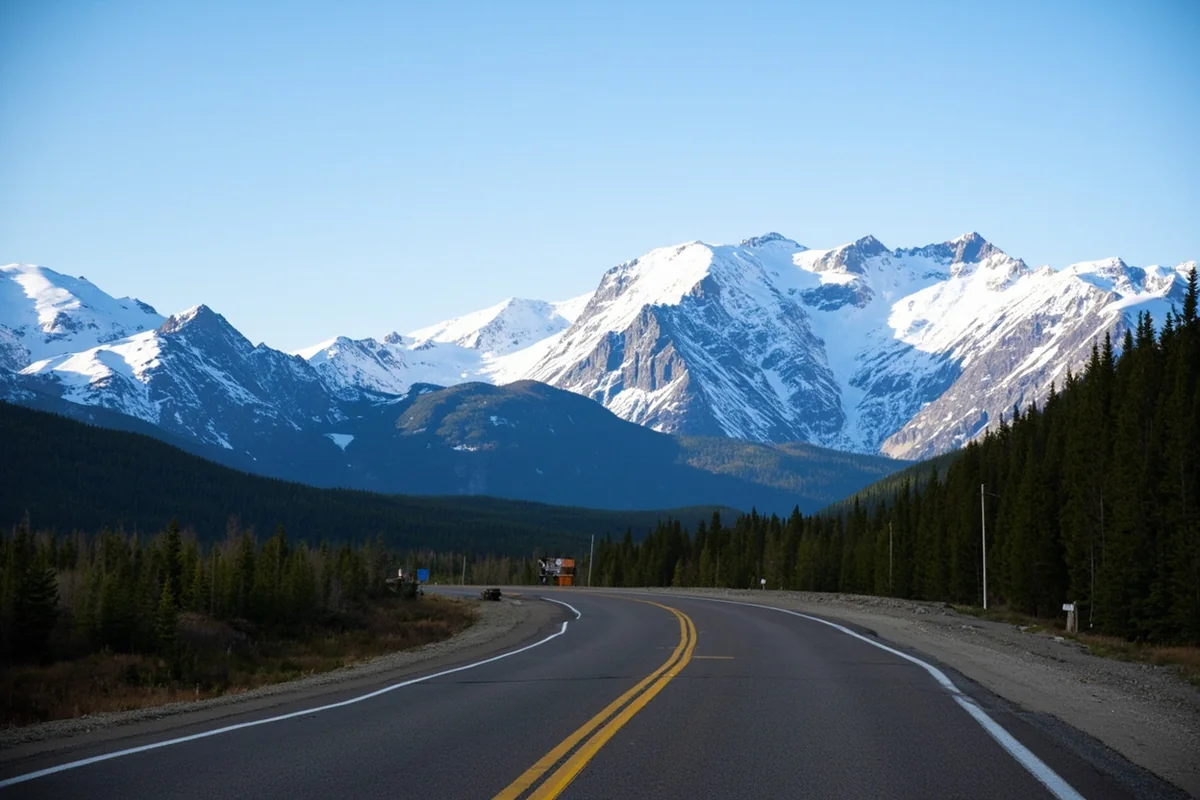 View of Glacier National Park peaks from Highway 2 near Bigfork