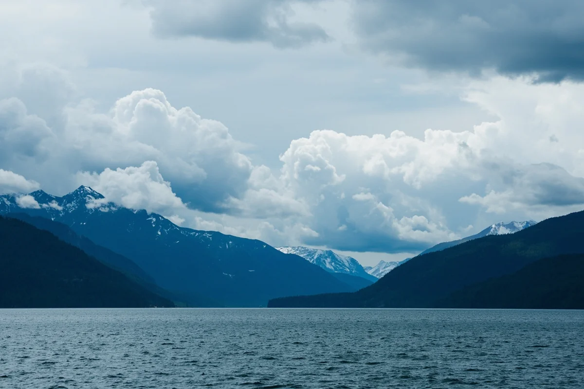 View of Lake McDonald with spring storm clouds gathering over mountains
