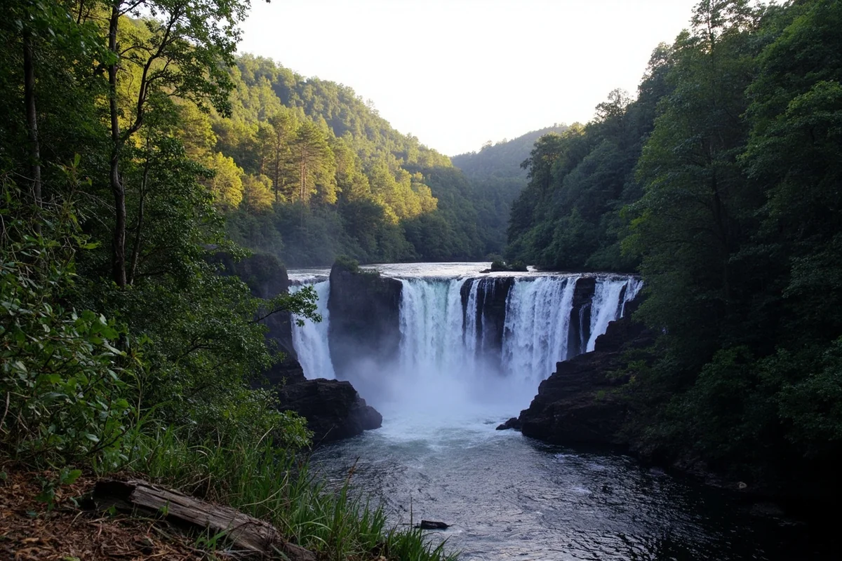 View of Morrell Falls from the main viewing area showing both tiers of the cascade