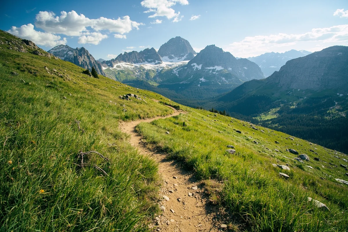 View of Piegan Pass Trail winding through alpine meadows with mountain peaks