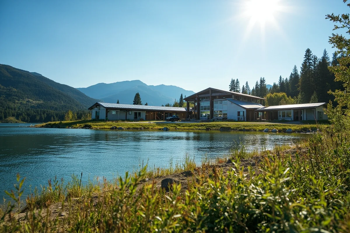 View of Ridge Waters on a sunny summer day showing the full facility with mountains visible in the distance