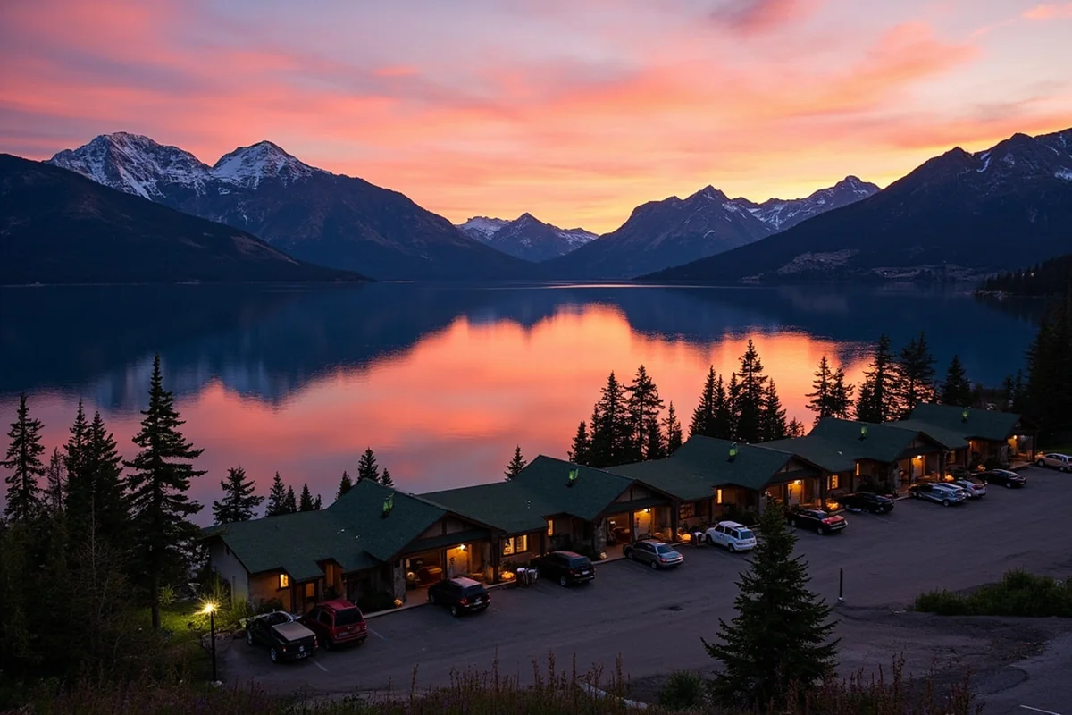 View of St. Mary Lake with mountains at sunset, showing east side accommodations area