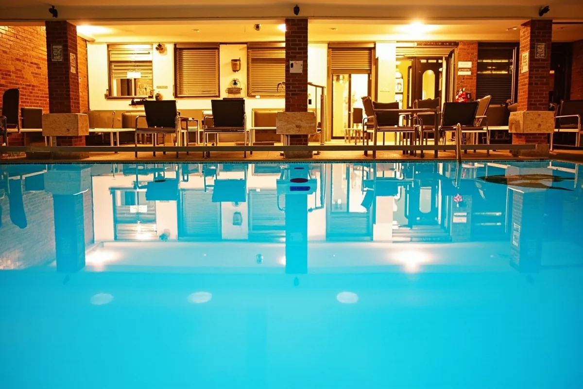 View of warm pool area showing seating areas and pool depth markers