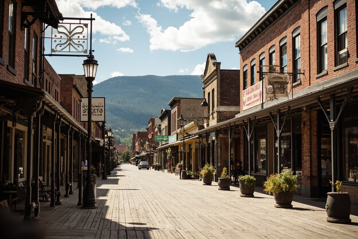 Vintage Montana town main street with old western storefronts and wooden sidewalks
