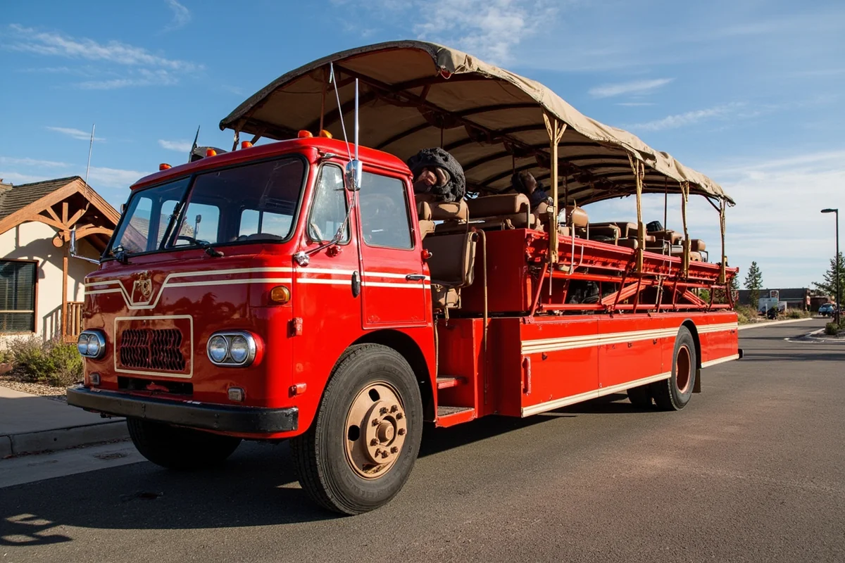 Vintage red touring bus with canvas top rolled back, parked at Logan Pass visitor center