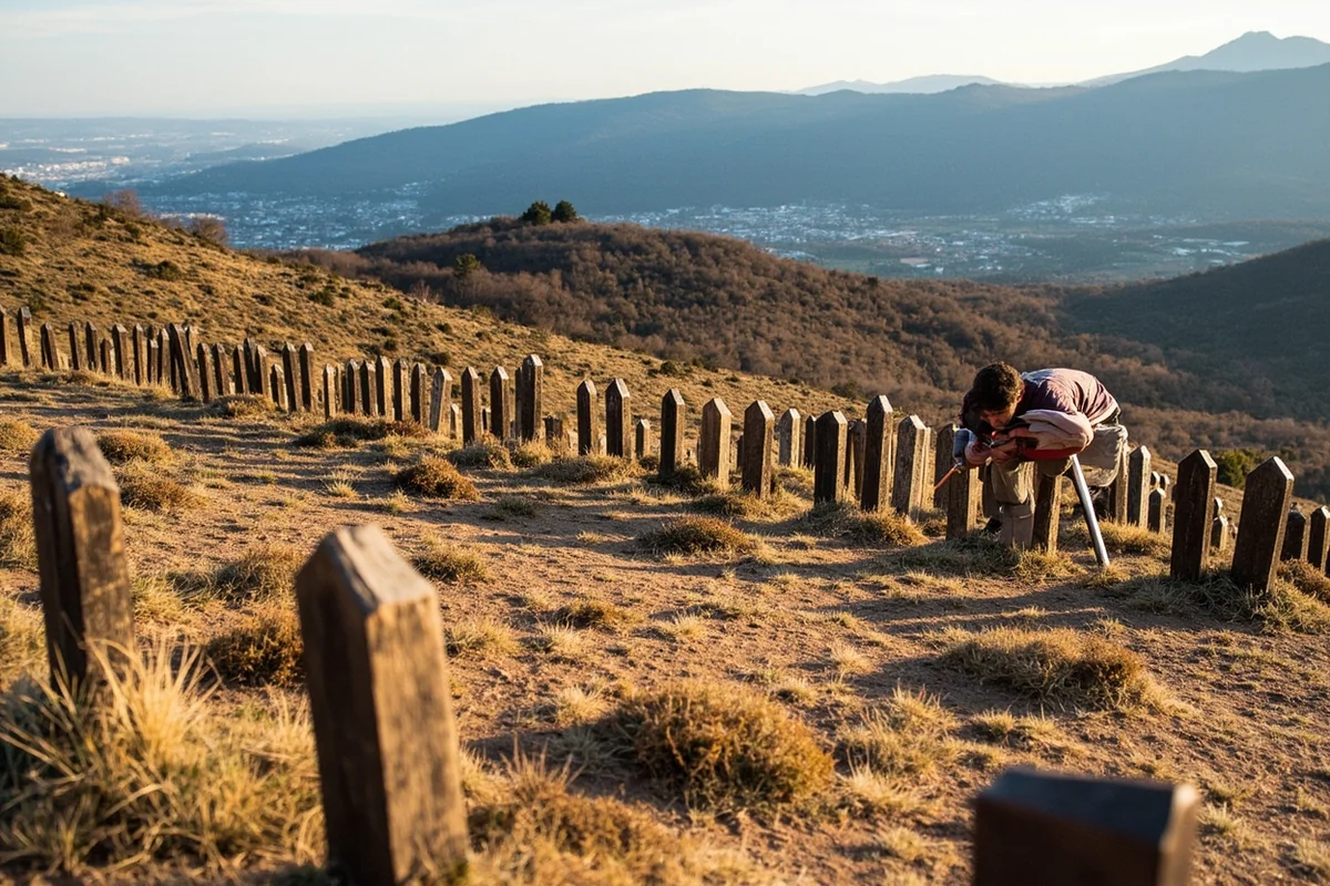 Virginia City boot hill cemetery with wooden markers and mountain backdrop