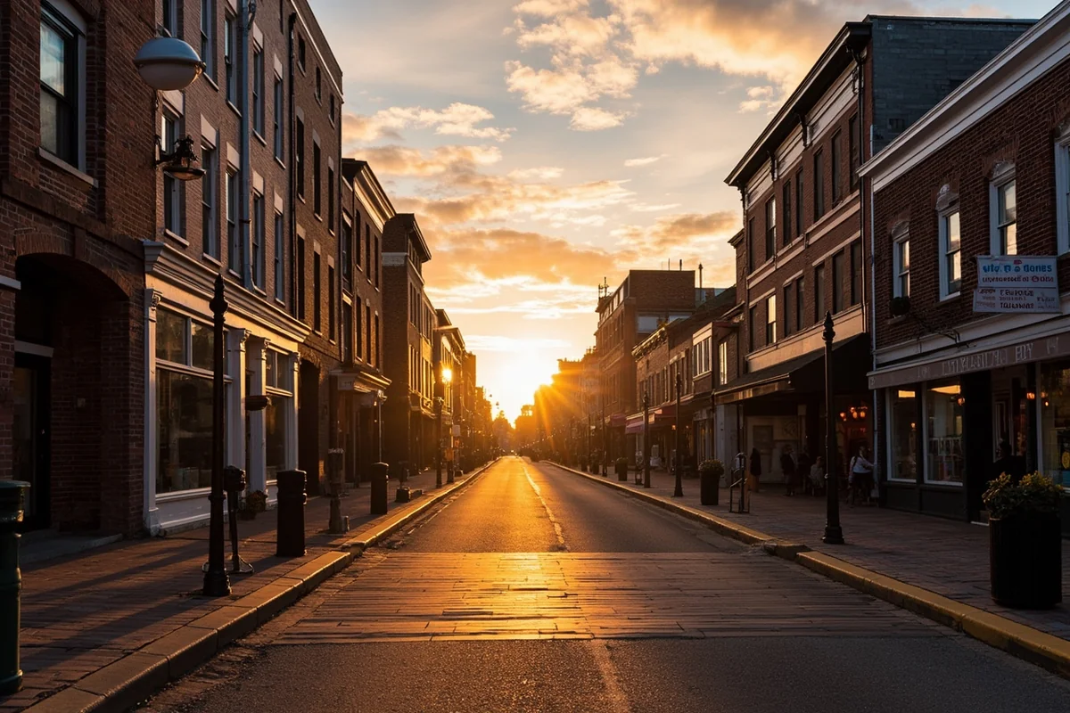 Virginia City main street at sunrise with historic storefronts and wooden boardwalks