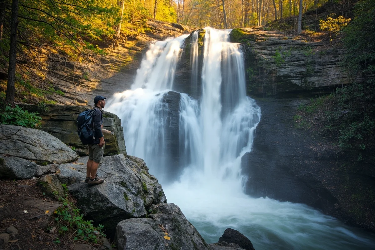 Virginia Falls with hiker on viewing rocks for scale
