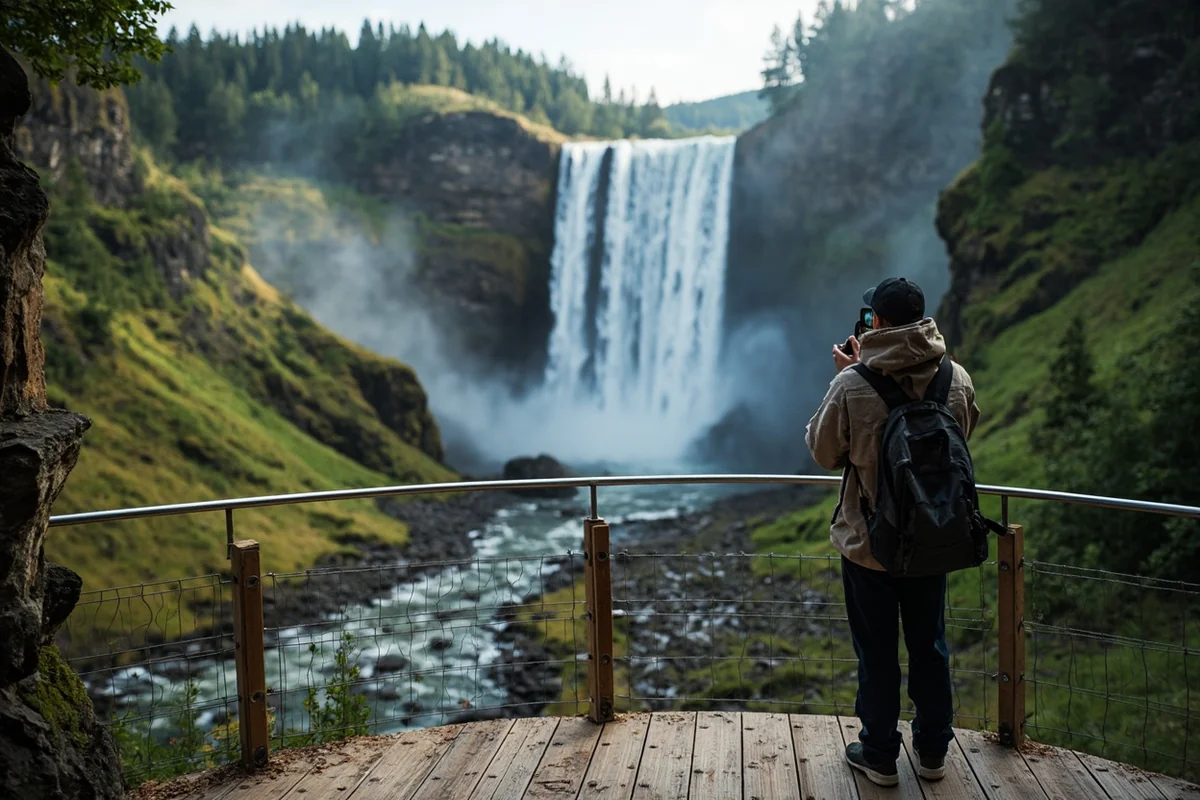 Visitor at the main viewing platform looking at Skalkaho Falls with safety fence visible