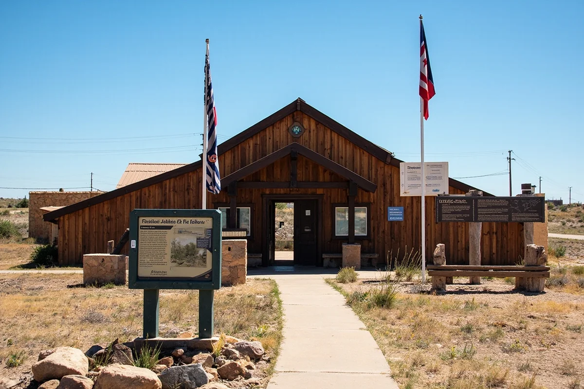 Visitor center building with tribal flags and interpretive signage