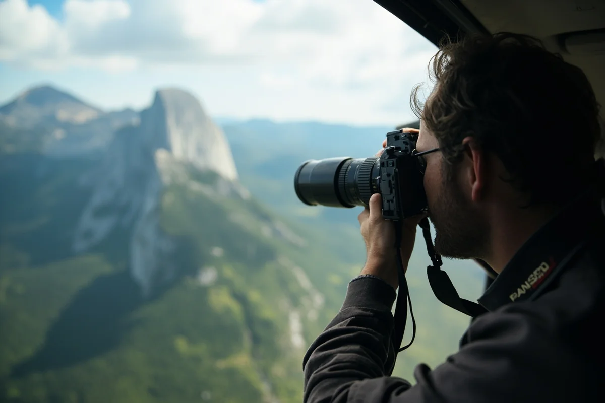 Visitor photographing from helicopter with camera pointed toward mountain vista
