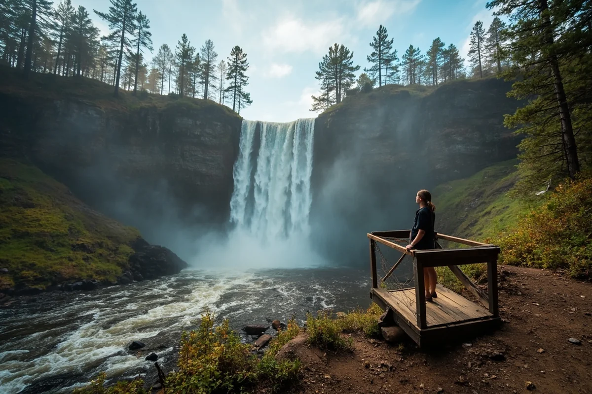 Visitor standing on wooden viewing platform looking up at Memorial Falls, showing scale and perspective