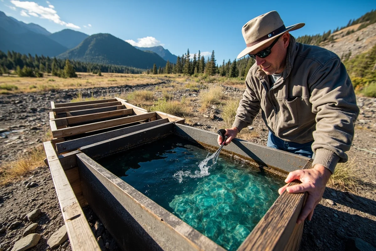 Visitor using a sluice box at a Montana sapphire mine with mountains in background