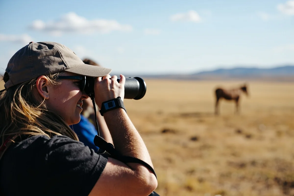 Visitor using binoculars to observe wild horses from appropriate distance in the Pryor Mountains