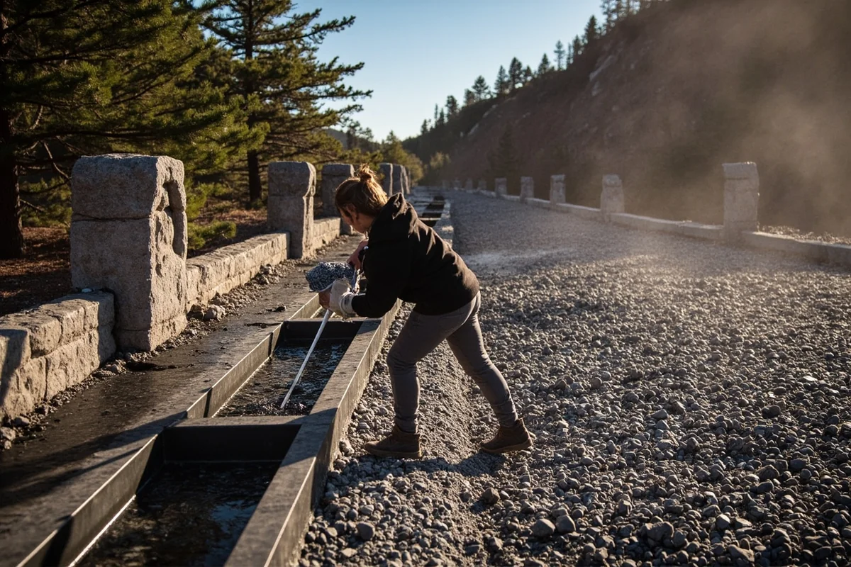 Visitor washing gravel at sluice station at Gem Mountain Sapphire Mine