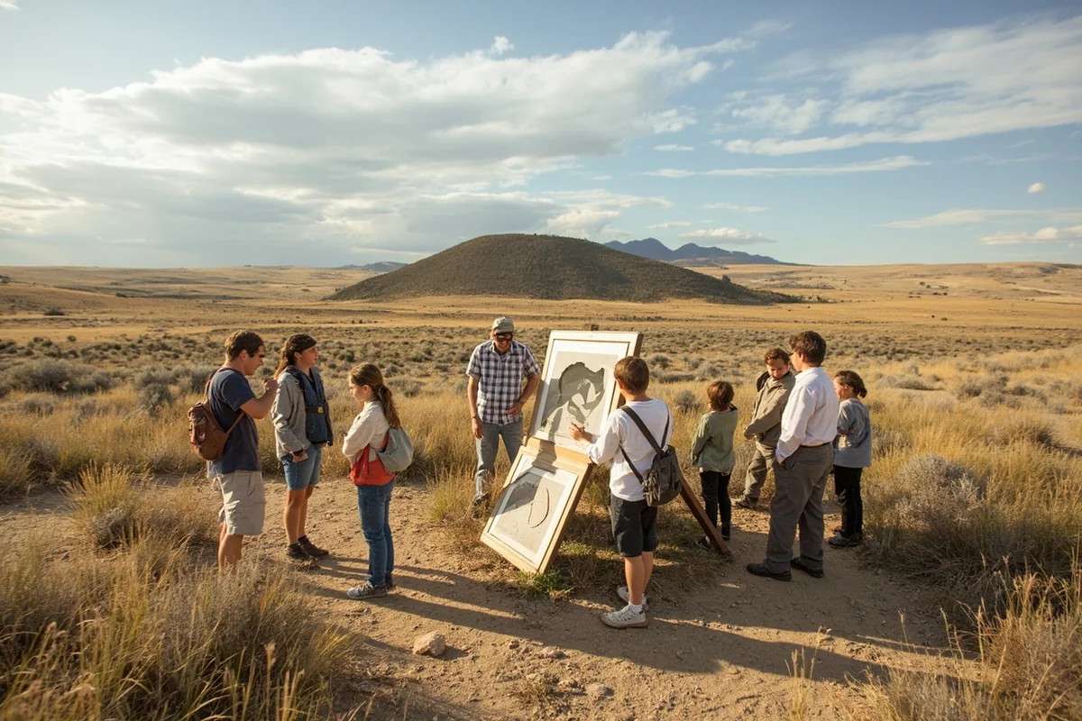 Visitors at Egg Mountain paleontological site with interpretive displays and Montana prairie backdrop