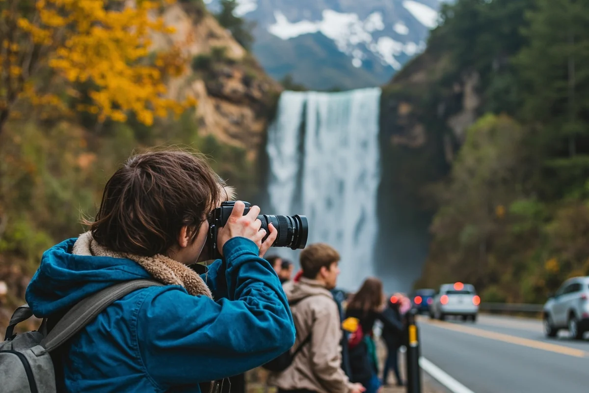 Visitors at the roadside pullout photographing Sacred Dancing Cascade, showing parking area and viewpoint