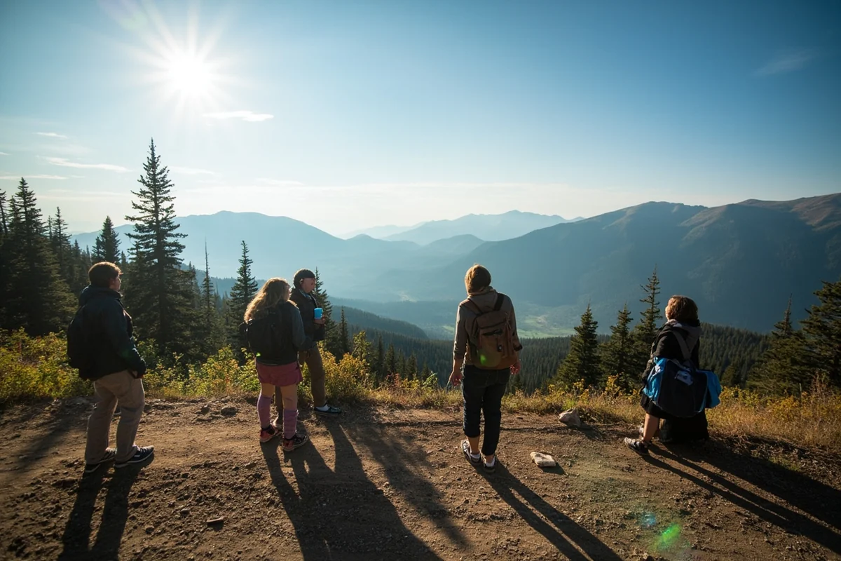 Visitors enjoying a scenic overlook in western Montana with mountain ranges visible in the background, demonstrating that earthquake risk doesn't prev