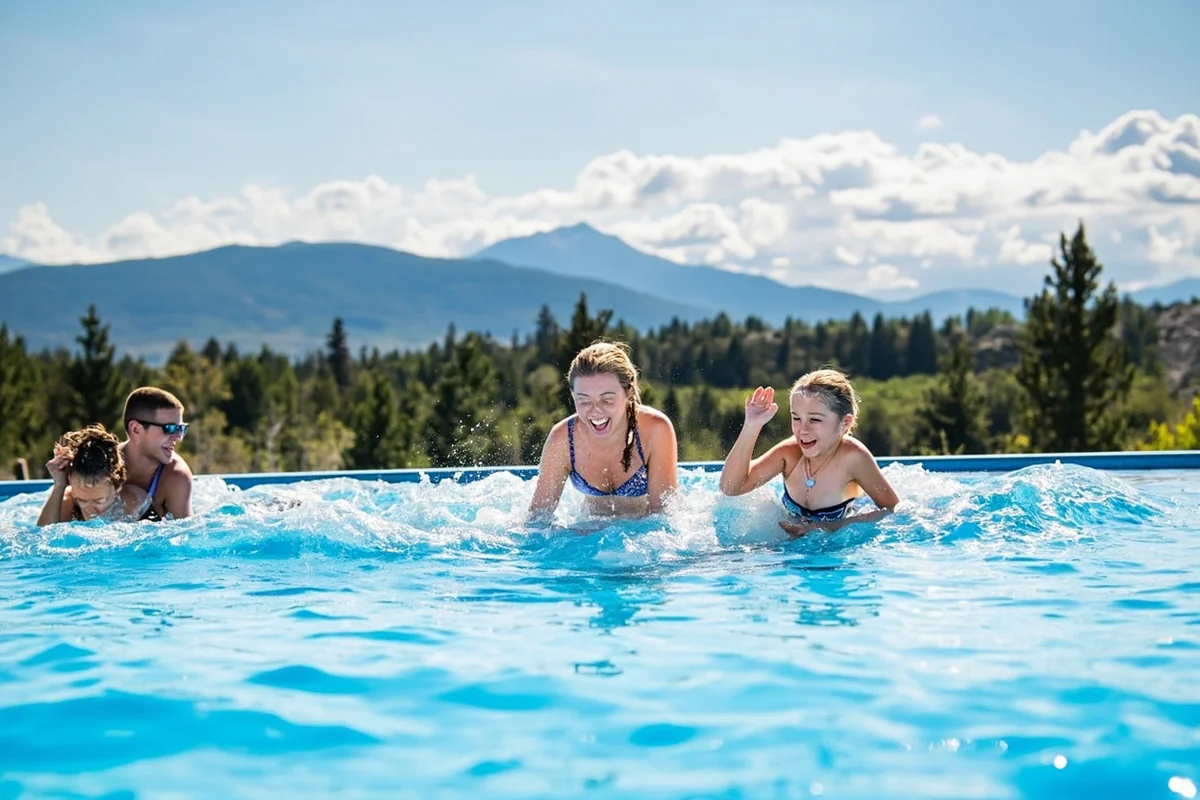 Visitors enjoying the wave pool at Big Sky Waterpark with Flathead Valley mountains visible in background