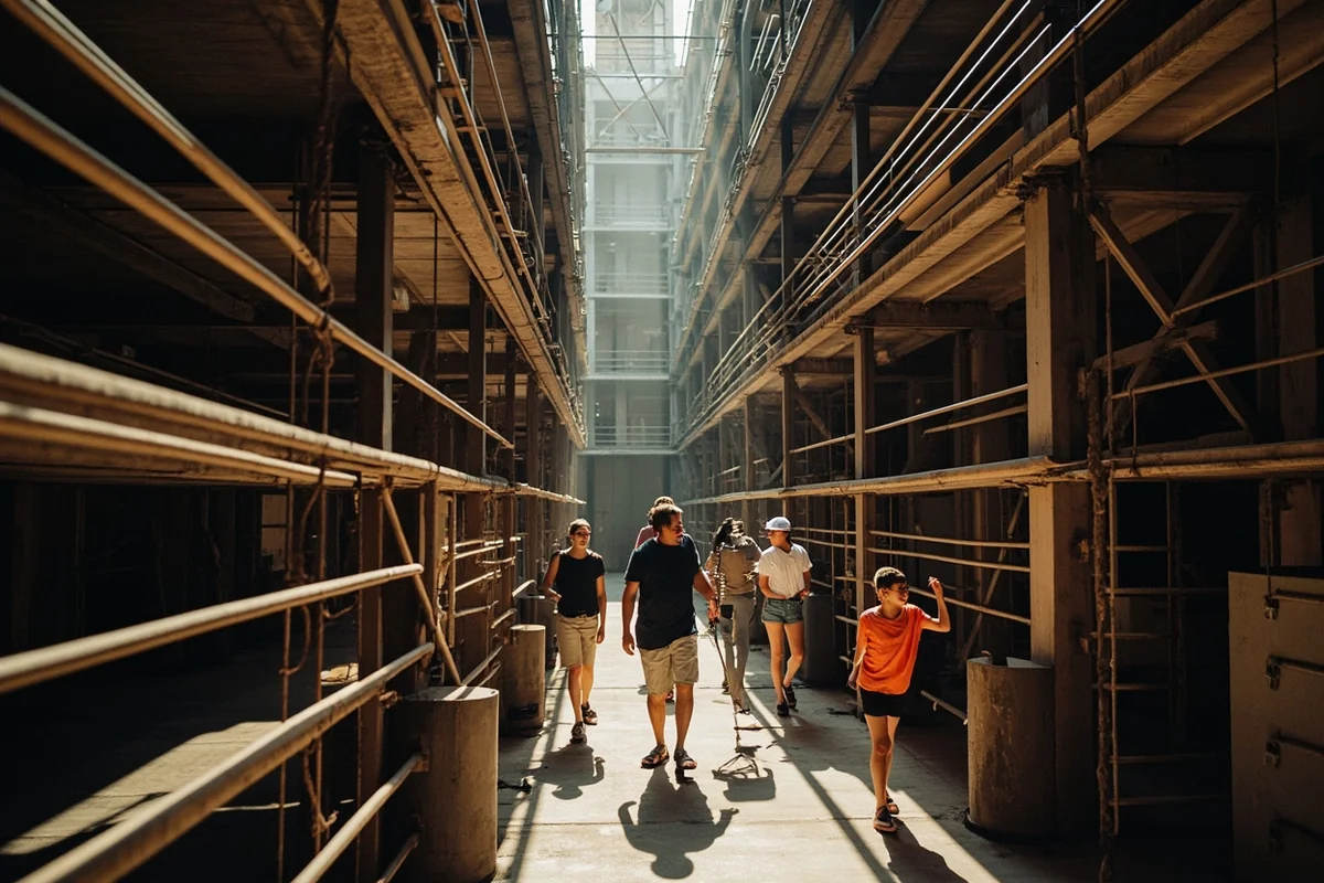 Visitors exploring the prison museum during summer, showing scale of the facility