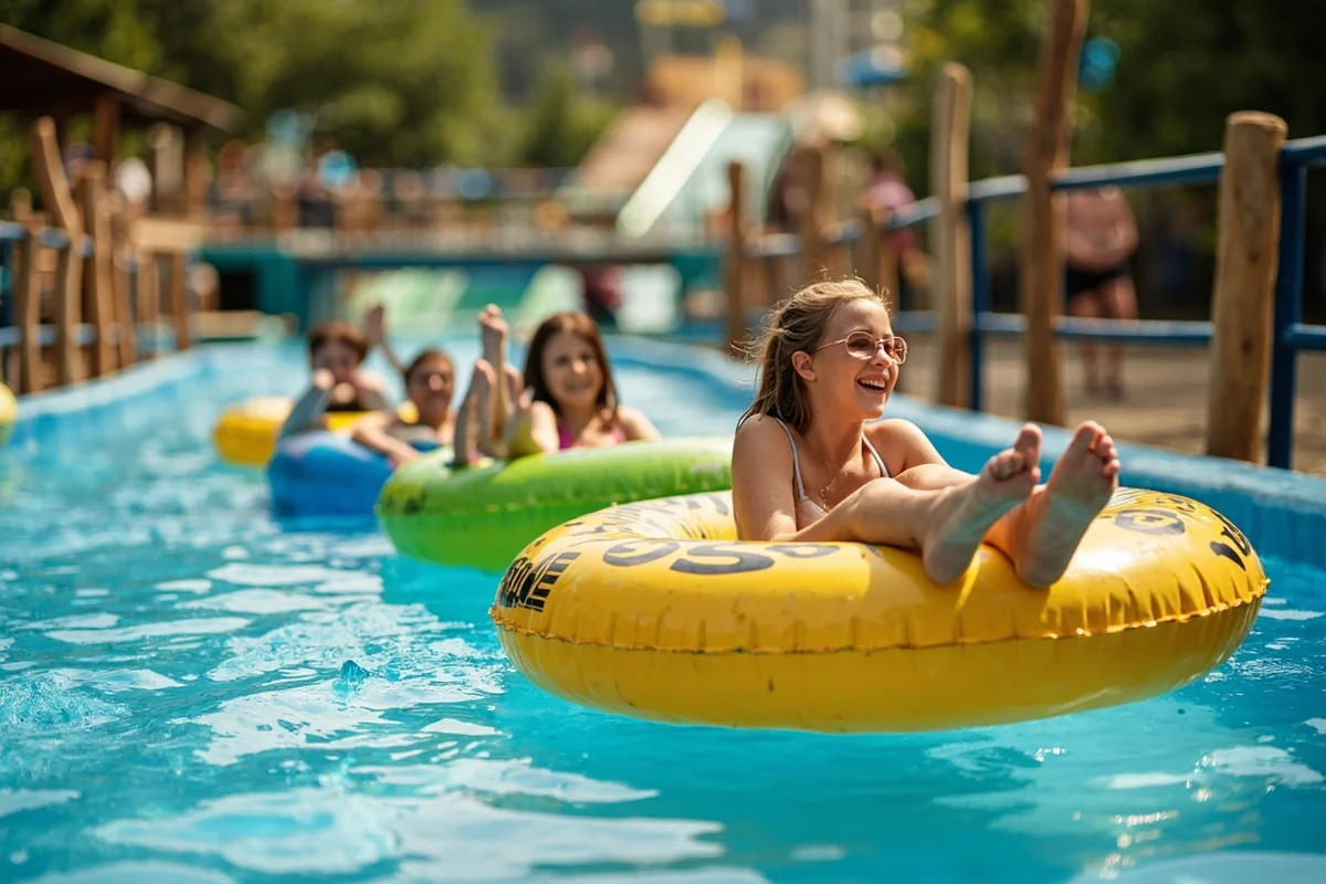 Visitors floating on tubes in the lazy river section of the waterpark