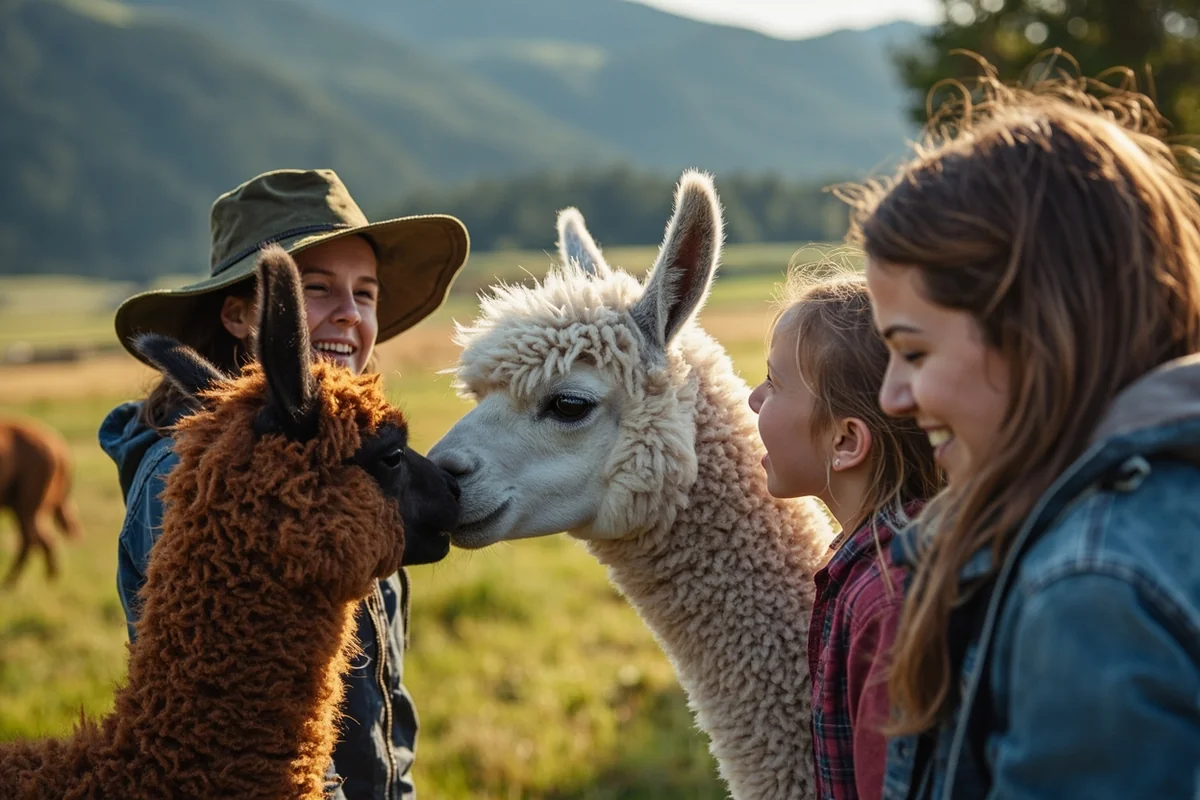 Visitors interacting with alpacas at a Montana farm setting