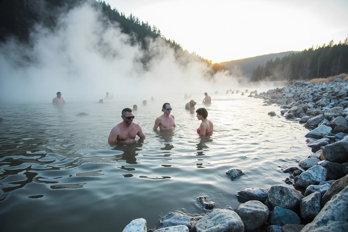 Visitors soaking where the Boiling River meets the Gardner River with steam rising in winter conditions