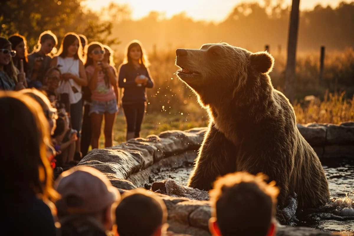Visitors watching a grizzly bear feeding demonstration at ZooMontana during golden hour