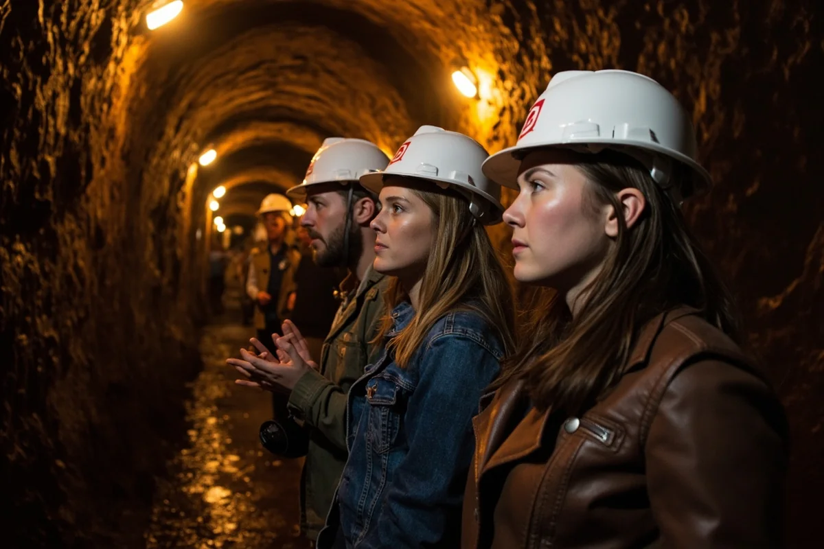 Visitors wearing hard hats during underground mine tour at World Museum of Mining