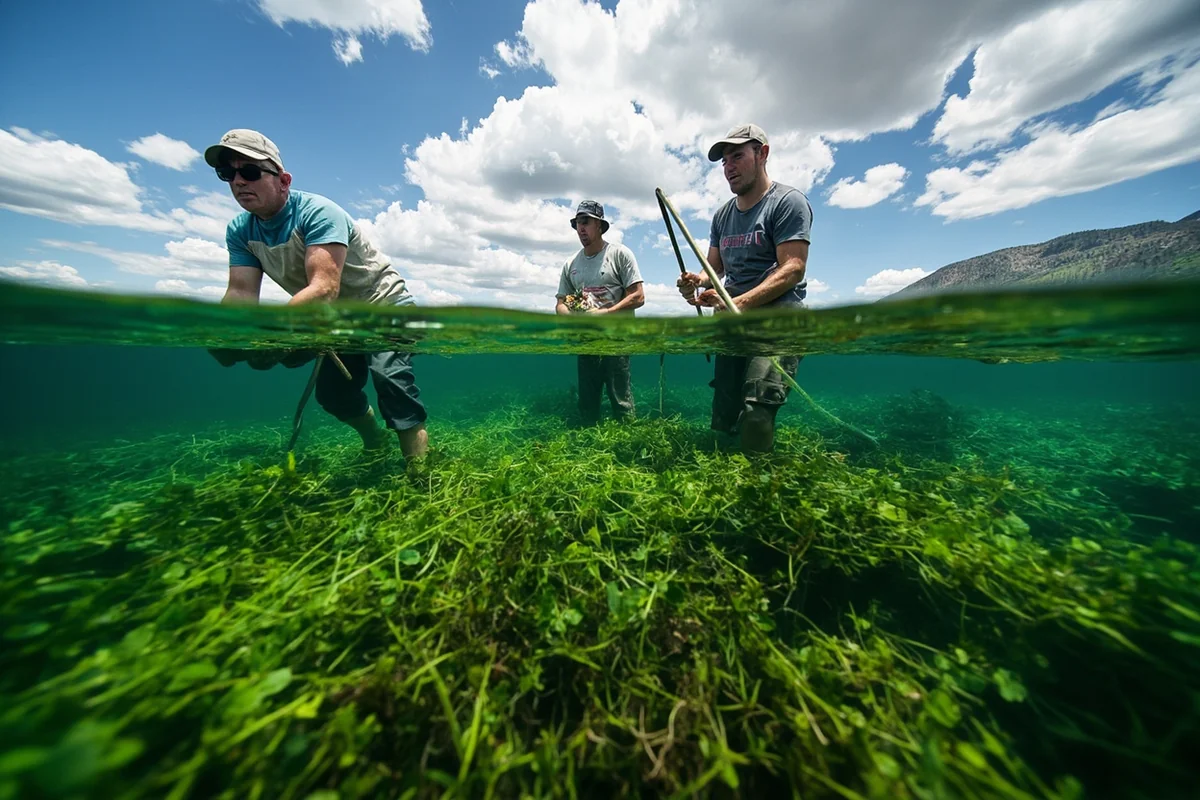 Volunteers removing Eurasian watermilfoil from a Montana lake, showing the dense underwater vegetation