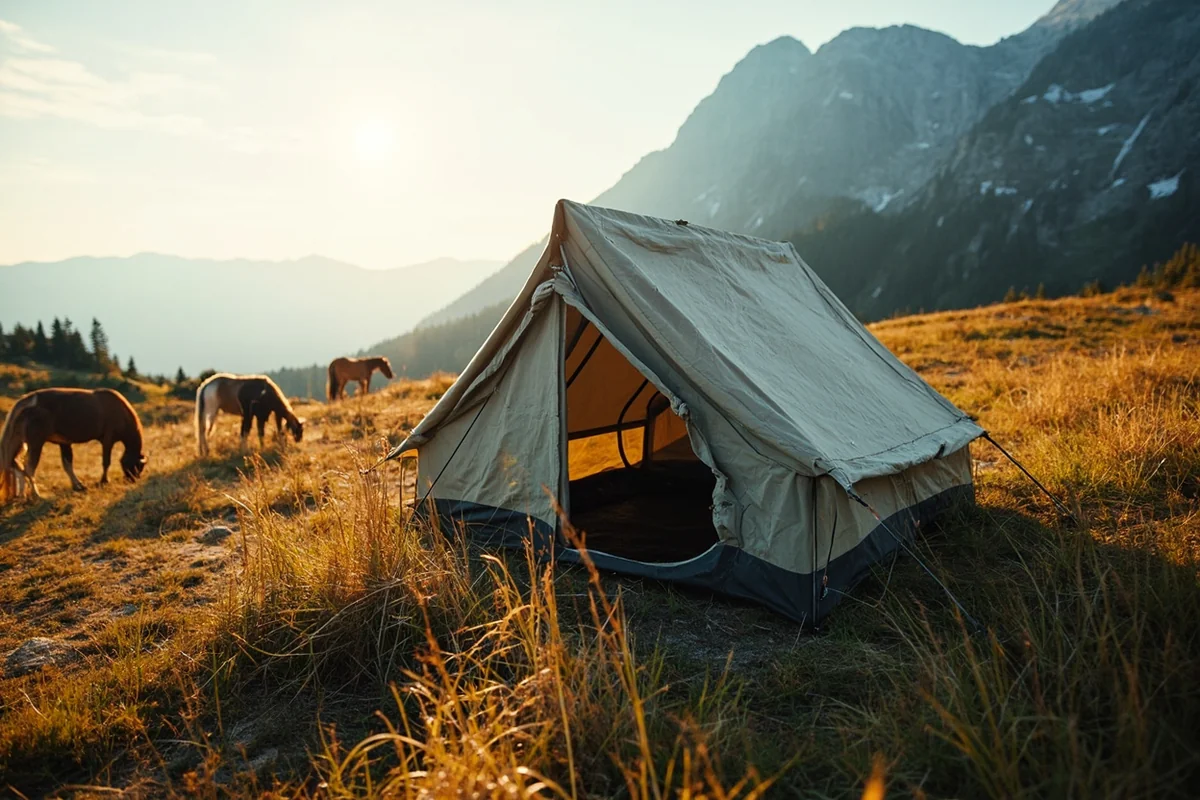 Wall tent camp setup in a mountain meadow with horses grazing nearby