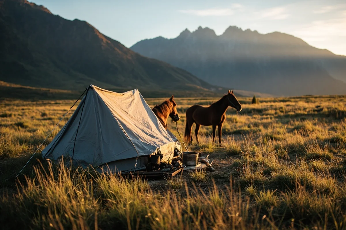 Wall tent camp with wood stove setup in mountain meadow with horses tied nearby