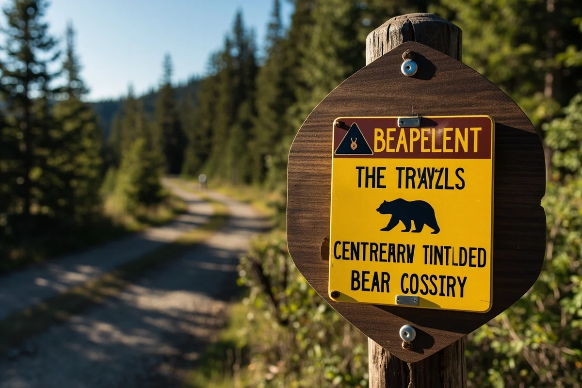 Warning sign about bear activity near trailhead with forested backdrop