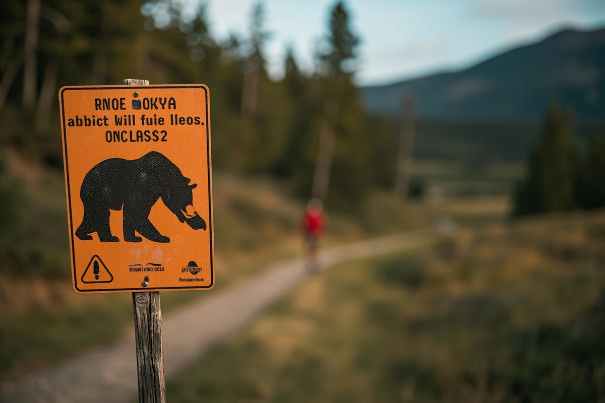 Warning sign about grizzly bear activity on a Montana hiking trail