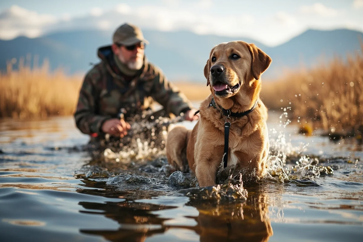 Waterfowl hunter with well-trained Labrador retriever in Montana marsh