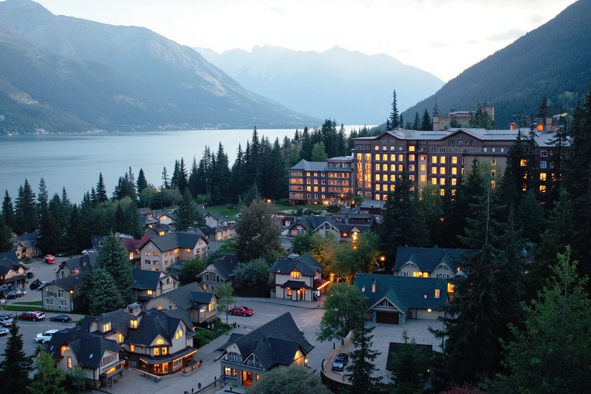 Waterton townsite with Prince of Wales Hotel on the hill above Waterton Lake